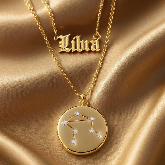 Gold Tone Libra Zodiac Crystal Necklace – Astrology Fashion Jewelry for Women - Picture 1 of 8